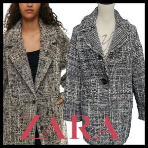 Zara Black/Multi-Colour One Button Fringe Edge Tweed Jacket (M)